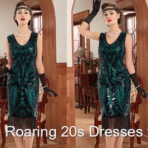 Women's Flapper Dress 1920s Sequin Fringed Paisley V Neck Dark Green